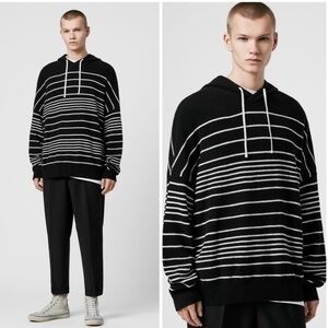 ALLSAINTS Reverb Hooded Stripes Contemporary Wool Blend Sweater Black Ecru